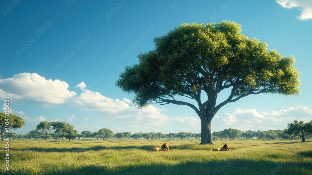 A serene landscape featuring a large tree and two lions resting in a grassy field. A serene landscape featuring a large tree and two lions resting in a grassy field.