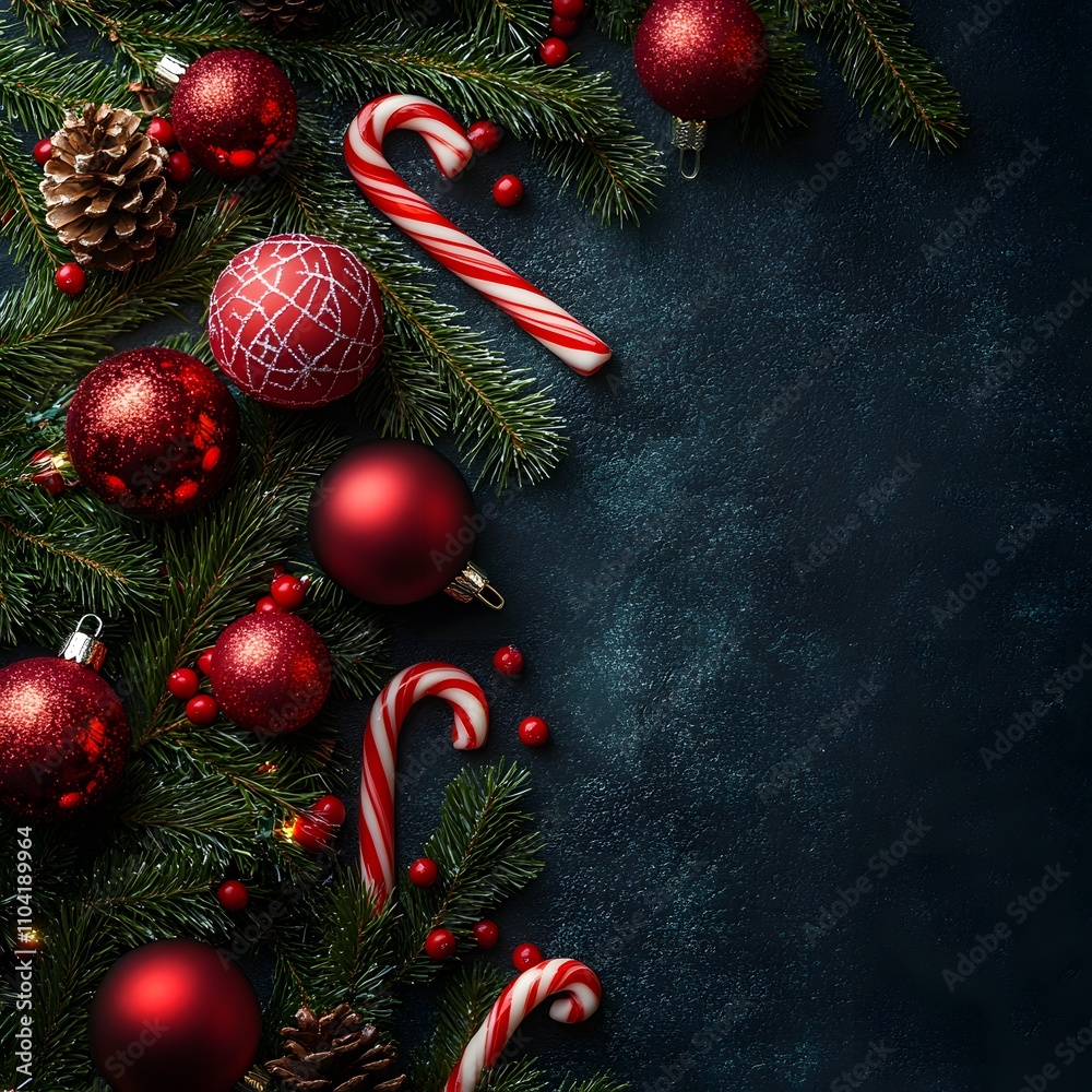 Festive Christmas decorations featuring pine branches, red ornaments, and candy canes arranged on a dark background. Perfect for holiday themes and seasonal celebrations Festive Christmas decorations featuring pine branches, red ornaments, and candy canes arranged on a dark background. Perfect for holiday themes and seasonal celebrations