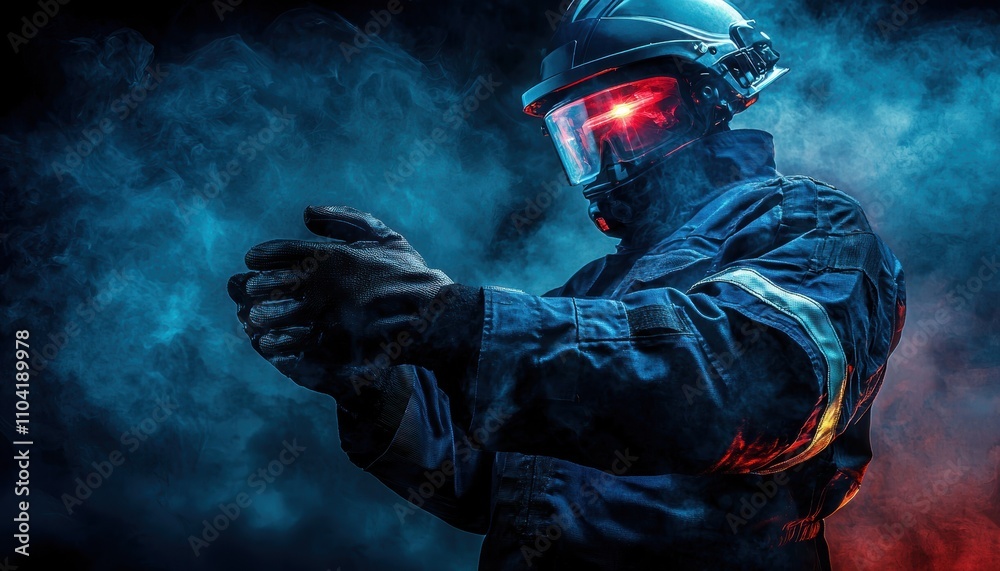 A dramatic image of a fireman in protective gear with glowing elements, surrounded by smoke, conveying a sense of readiness and intensity. A dramatic image of a fireman in protective gear with glowing elements, surrounded by smoke, conveying a sense of readiness and intensity.