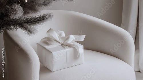 A white gift box sits on a white chair