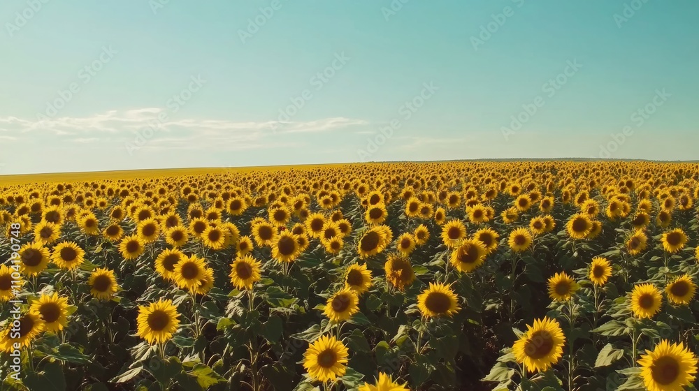 Obraz premium A serene field of yellow sunflowers under a clear blue sky, aerial shot, Minimalist style