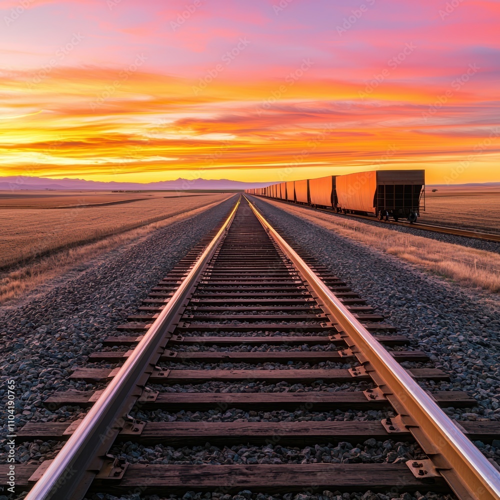Obraz premium A serene view of railway tracks stretching into the horizon, framed by a vibrant sunset sky and distant freight cars in a tranquil landscape.