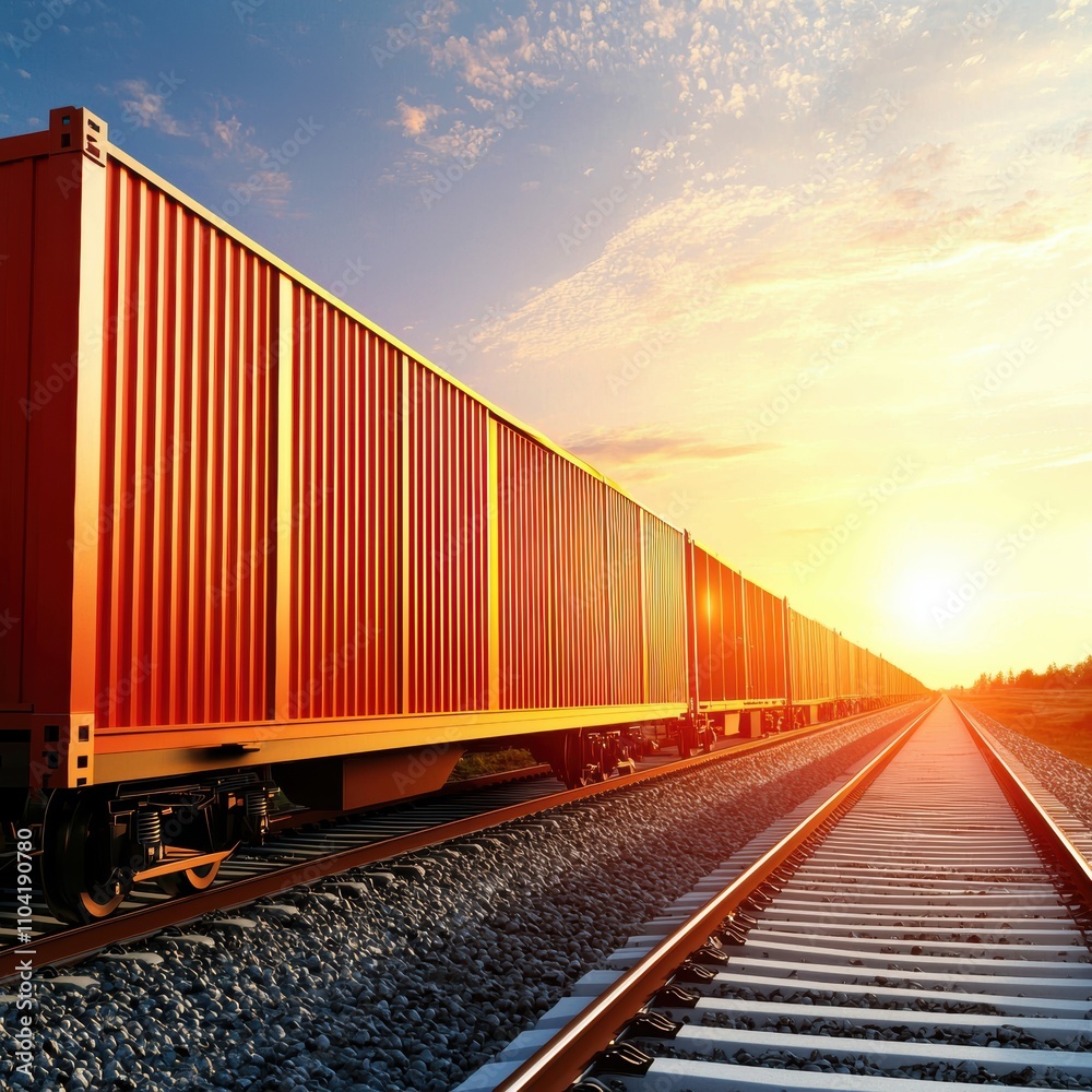 A vibrant sunset illuminates a long line of orange shipping containers beside railway tracks, creating a striking industrial landscape. A vibrant sunset illuminates a long line of orange shipping containers beside railway tracks, creating a striking industrial landscape.
