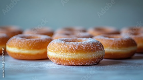 Close-up of sugared donuts on a surface. photo