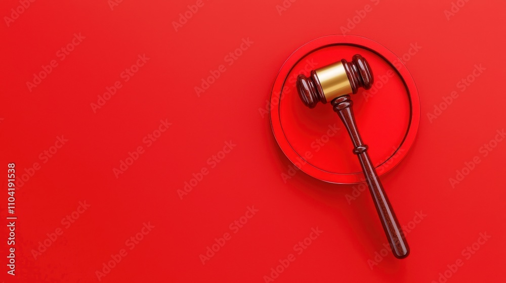 A gavel rests on a circular base against a vibrant red background, symbolizing justice and legal proceedings.