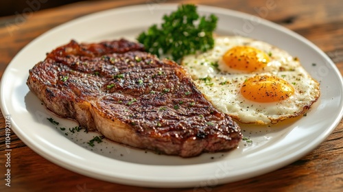 A plate of steak and eggs with parsley on top