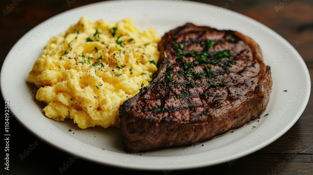 A plate of steak and eggs with parsley on top A plate of steak and eggs with parsley on top