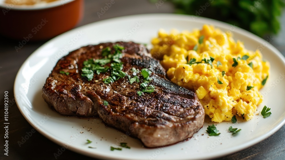 A plate of steak and eggs with parsley on top A plate of steak and eggs with parsley on top