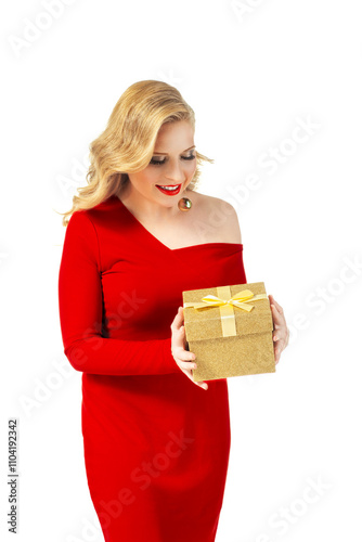 Smiling Woman in Red Dress Holding a Gold Gift Box Isolated on White