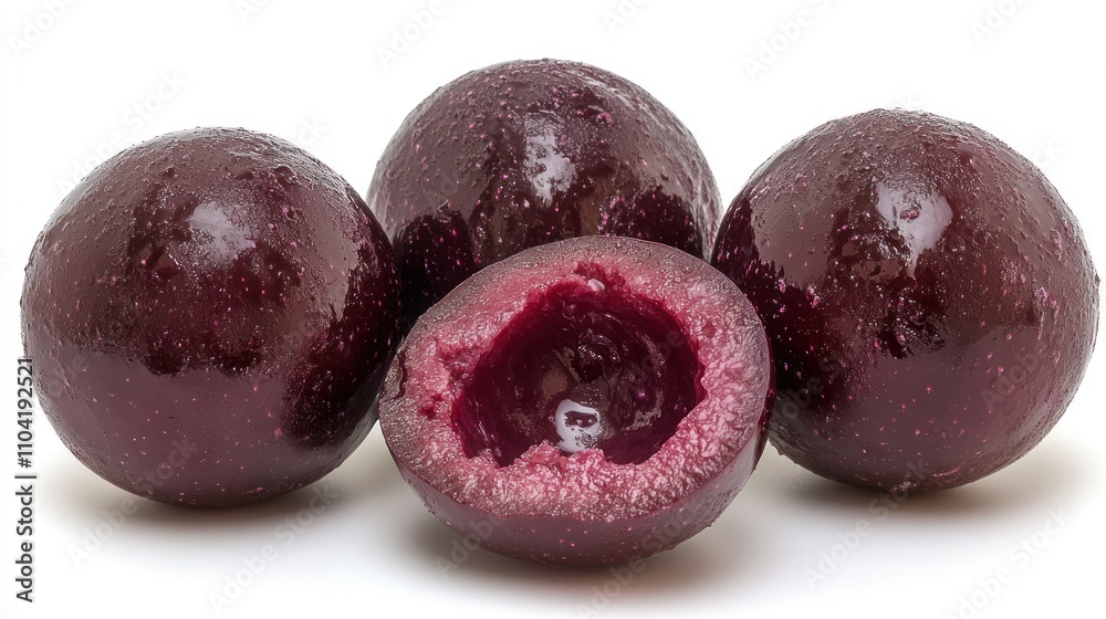 Close-up of three deep purple plums, one halved to reveal a vibrant interior. Close-up of three deep purple plums, one halved to reveal a vibrant interior.