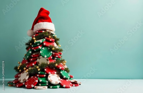 Festive christmas tree made of poker chips with santa hat on turquoise background