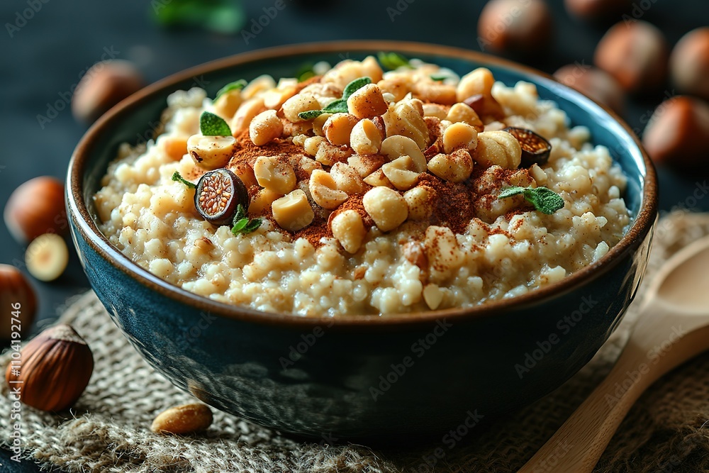 A bowl of oatmeal with nuts and spices A bowl of oatmeal with nuts and spices