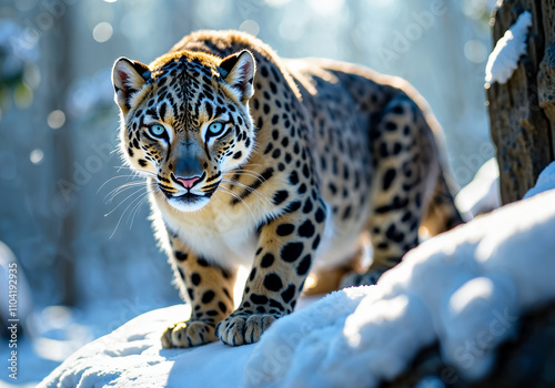 An Enigmatic Snow Leopard in Contemplation Amidst a Serene Winter Wonderland with Ethereal Light Filtering Through Pine Trees photo