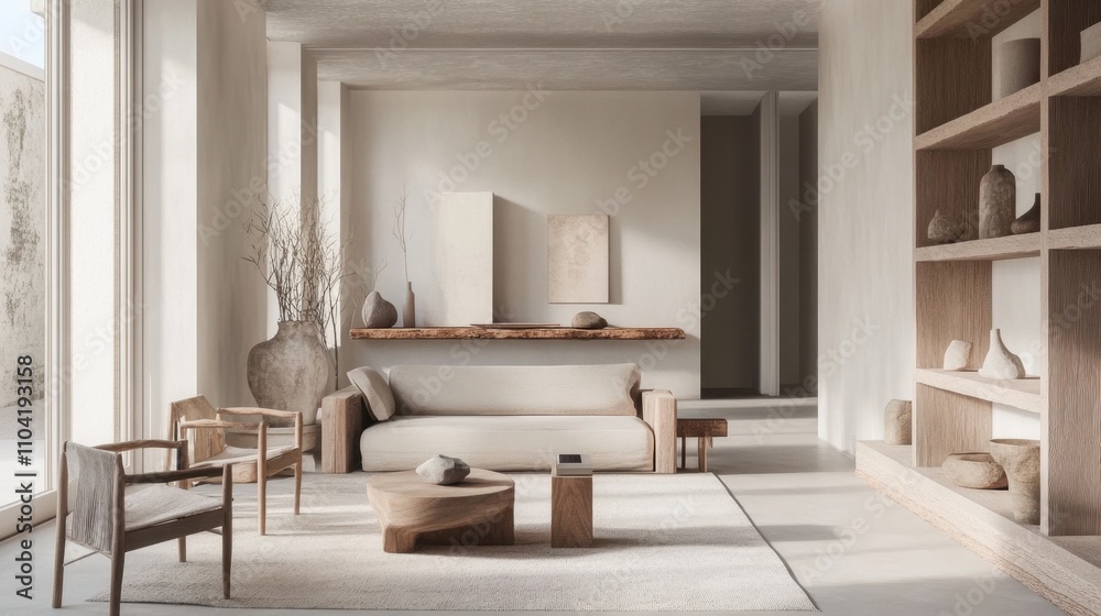 Fototapeta premium A living room with a white couch, a coffee table, and a few chairs