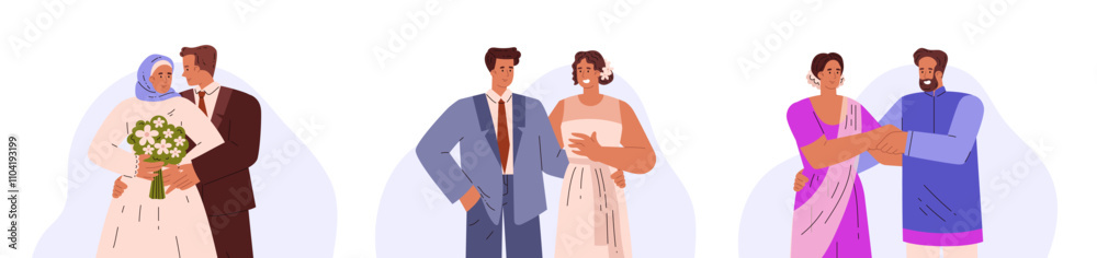 Vector illustrations with brides and grooms in national dress: hijab, sari and white wedding dress Vector illustrations with brides and grooms in national dress: hijab, sari and white wedding dress