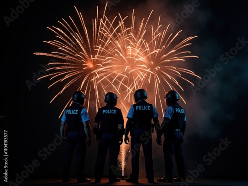 Police officers watching fireworks display at night