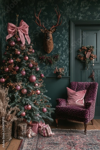 Victorian Christmas Room with Deer Antlers and Gold Ornaments