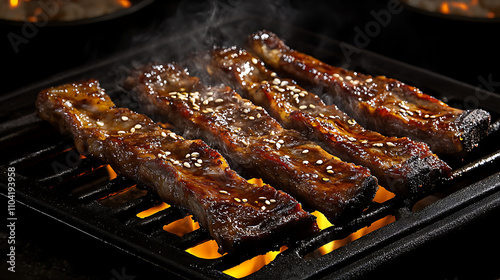 Four pieces of marinated short ribs grilling on a black grill with a flame underneath.