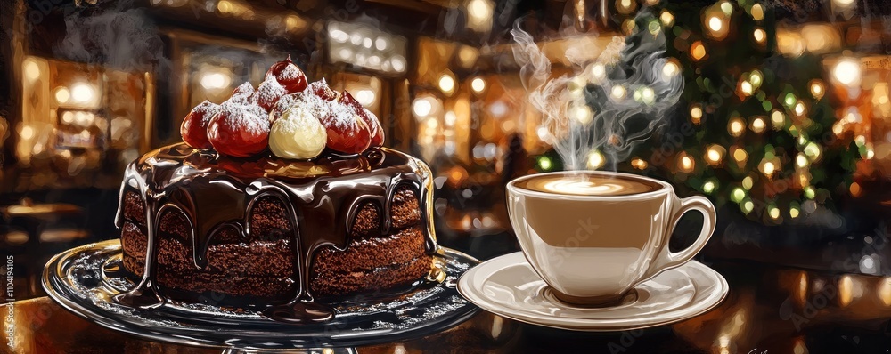 Fototapeta premium A rich chocolate cake with strawberries beside a steaming cup of coffee in a cozy setting.