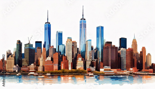 New York City skyline silhouette at dusk, with all buildings sharply outlined against a transparent background