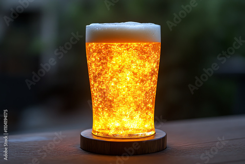 Chilled beer glass with a glowing golden color, set on a premium wooden surface