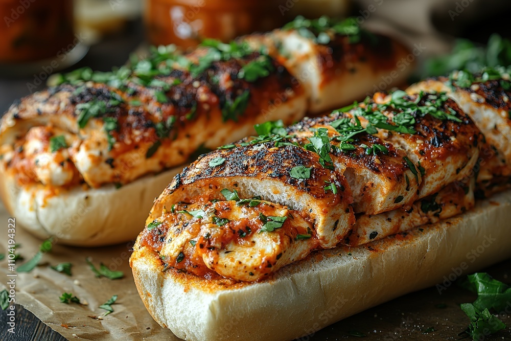 Two sandwiches with meat and herbs on top Two sandwiches with meat and herbs on top