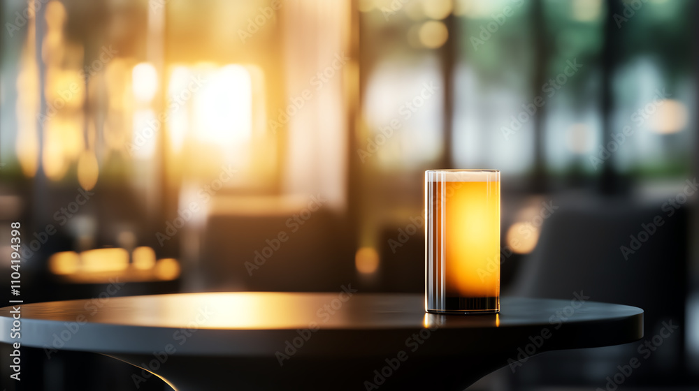 Tall beer glass with glowing golden hues, placed on a contemporary black table in a cozy setting