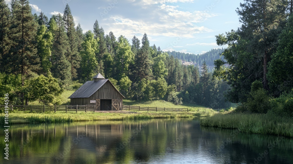 Serene Riverside View of a Rustic Barn Surrounded by Pine Trees and Wooden Fences - Ultra-Detailed Photorealistic Image Serene Riverside View of a Rustic Barn Surrounded by Pine Trees and Wooden Fences - Ultra-Detailed Photorealistic Image