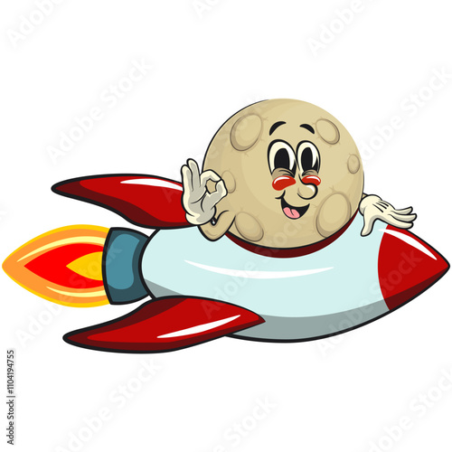 Moon mascot character illustration riding a space rocket, cartoon mascot isolated, work of hand drawn