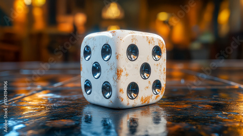 Rustic six-sided die on reflective table in warm ambient lighting photo