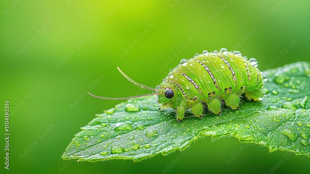 Naklejka premium A close-up of a vibrant green caterpillar resting on a dew-covered leaf, showcasing the delicate beauty of nature in a lush environment.