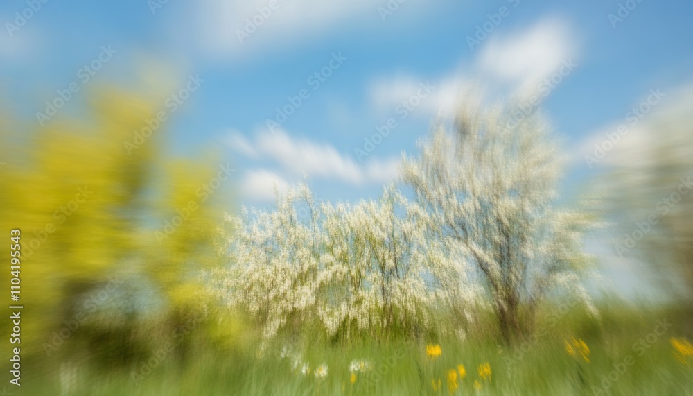 Fototapeta premium Abstract Blurred Springtime Landscape with Blooming Trees and Yellow Flowers