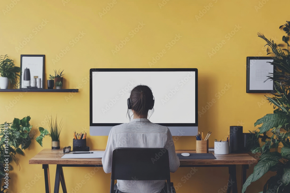 Computer learning. Person learning graphic design at home minimalist workspace indoor environment creative focus yellow wall Computer learning. Person learning graphic design at home minimalist workspace indoor environment creative focus yellow wall