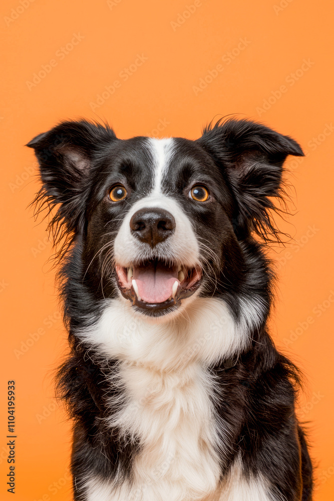 Fototapeta premium Happy border collie dog against bright orange background