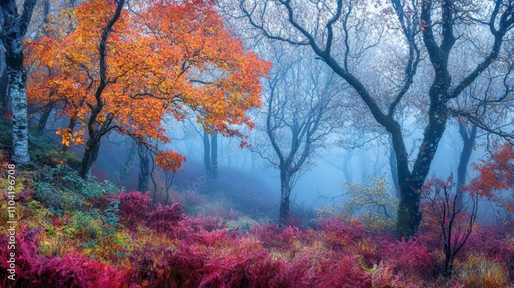 A Dreamy Misty Forest Scene with Vibrant Autumn Colors and Trees