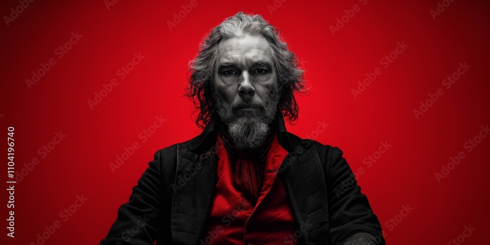 Intense portrait of a man embodying themes of anarchy and chaos in a striking red environment Intense portrait of a man embodying themes of anarchy and chaos in a striking red environment