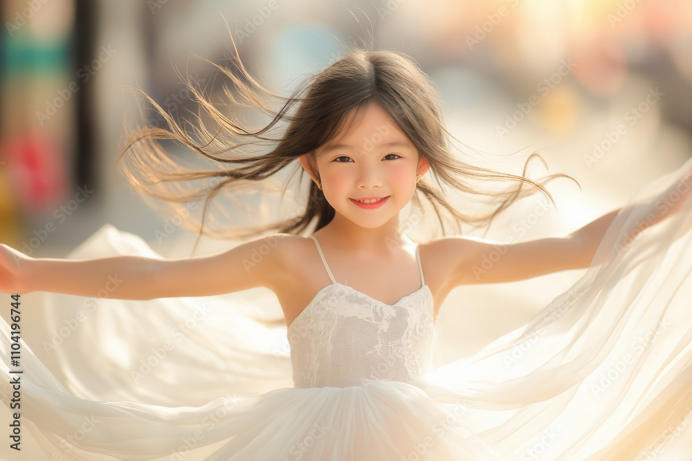 A young Asian girl twirling in a flowy white dress, her hair flying and her smile radiant A young Asian girl twirling in a flowy white dress, her hair flying and her smile radiant