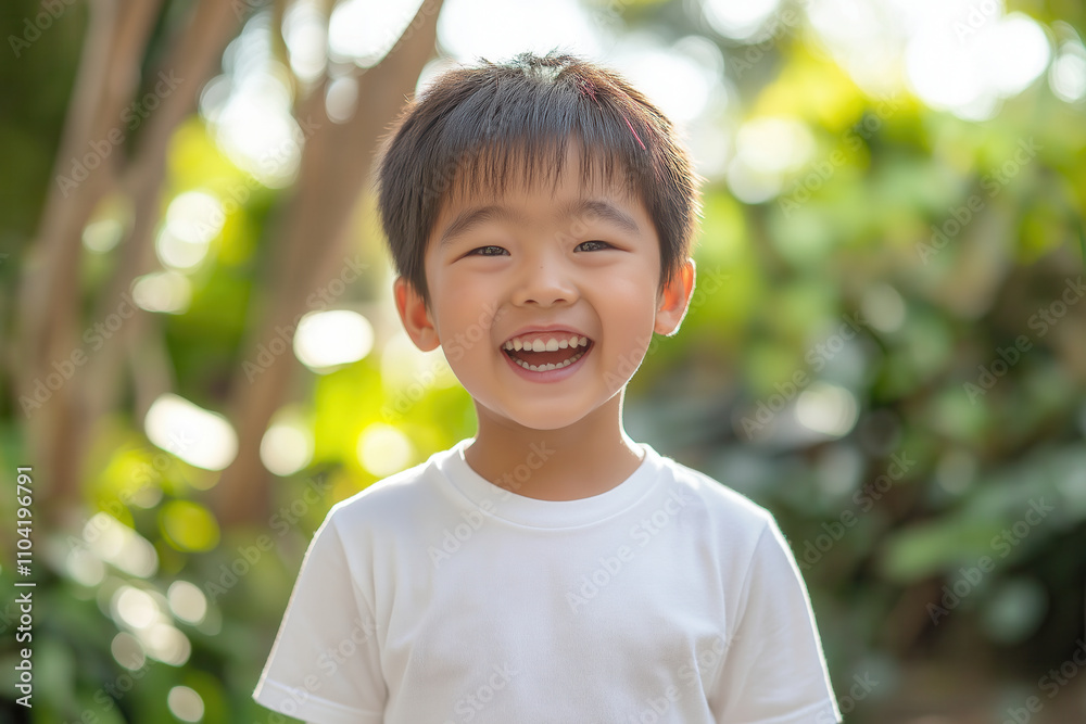 A playful Asian boy in a simple white t-shirt and khaki shorts, making silly faces at the camera A playful Asian boy in a simple white t-shirt and khaki shorts, making silly faces at the camera