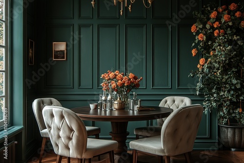 A large green room with a round table and four chairs photo