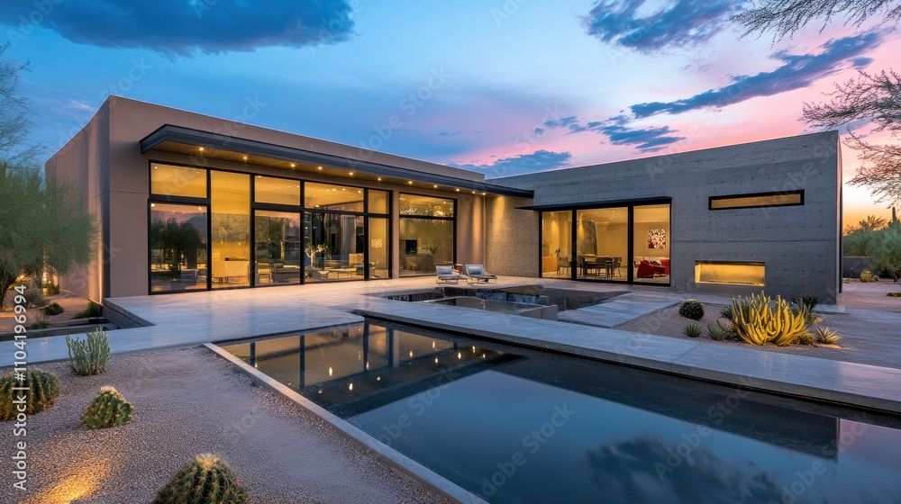Modern desert home with large windows and a serene pool at sunset. Modern desert home with large windows and a serene pool at sunset.