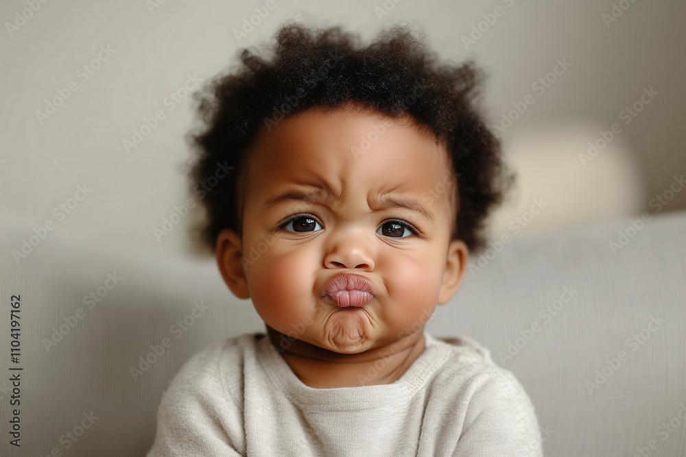 An Afro-American baby making a funny pouty face, dressed in light beige clothing An Afro-American baby making a funny pouty face, dressed in light beige clothing