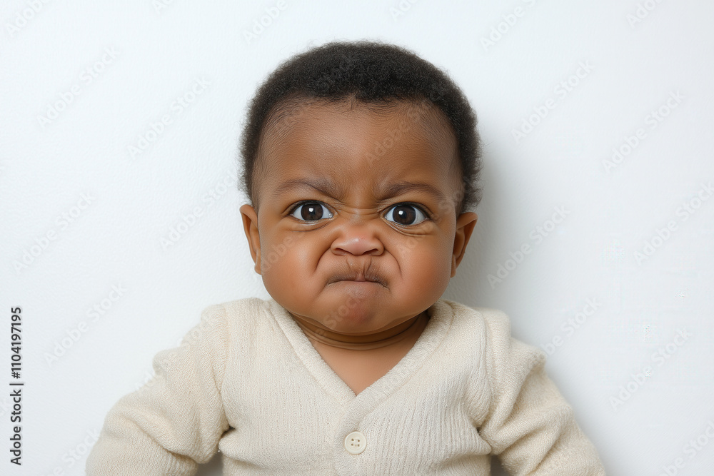 An Afro-American baby making a funny pouty face, dressed in light beige clothing An Afro-American baby making a funny pouty face, dressed in light beige clothing
