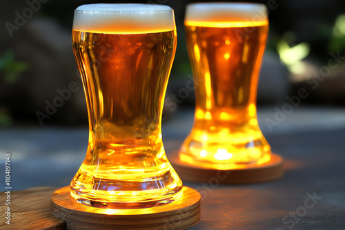 Chilled beer glass with a glowing golden color, set on a premium wooden surface