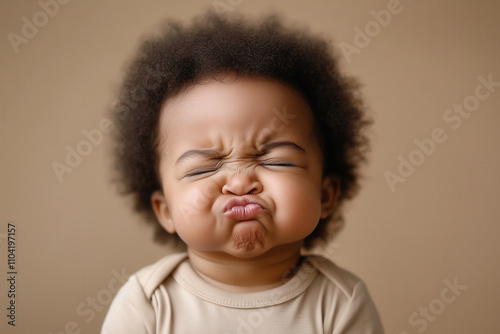 An Afro-American baby making a funny pouty face, dressed in light beige clothing