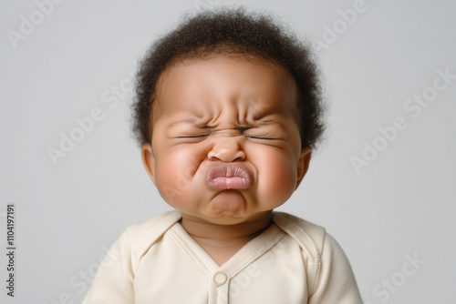 An Afro-American baby making a funny pouty face, dressed in light beige clothing