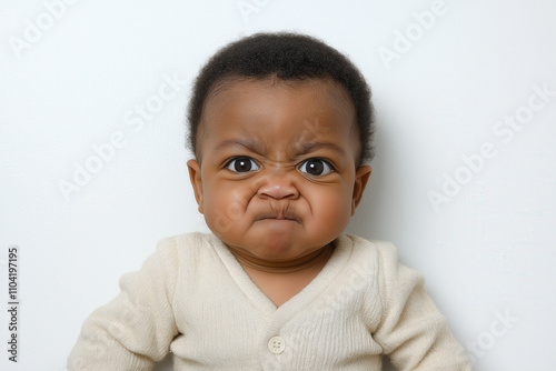 An Afro-American baby making a funny pouty face, dressed in light beige clothing