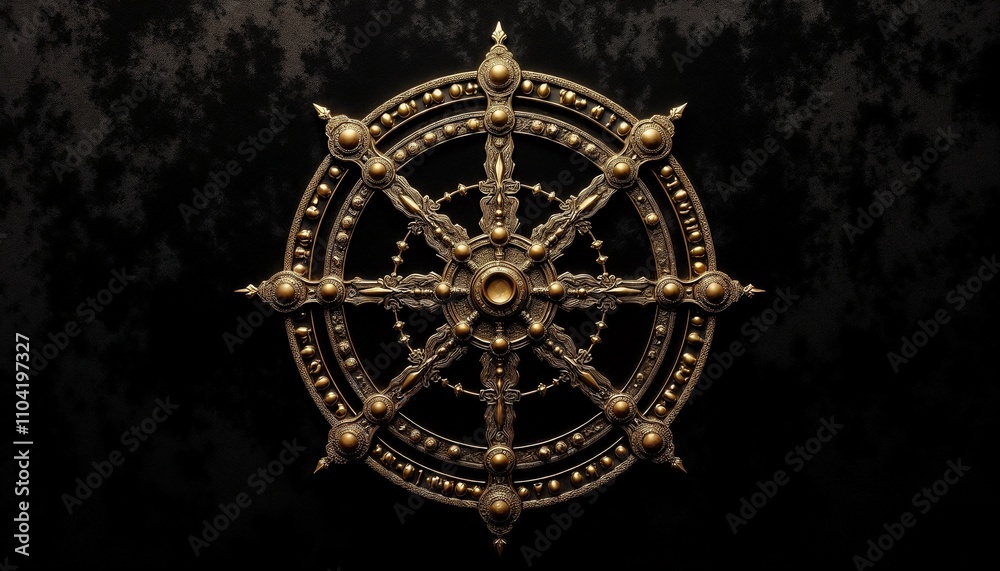 Obraz premium Ornate golden wheel with intricate patterns on dark background
