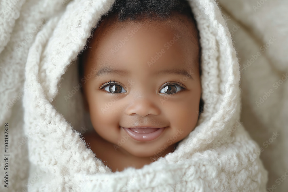 An Afro-American baby swaddled in a white blanket, with only their cute face peeking out, smiling gently An Afro-American baby swaddled in a white blanket, with only their cute face peeking out, smiling gently