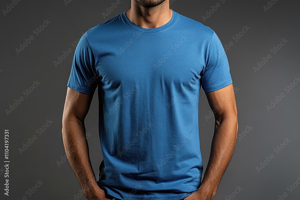 A man wearing a blue t-shirt against a neutral background. A man wearing a blue t-shirt against a neutral background.