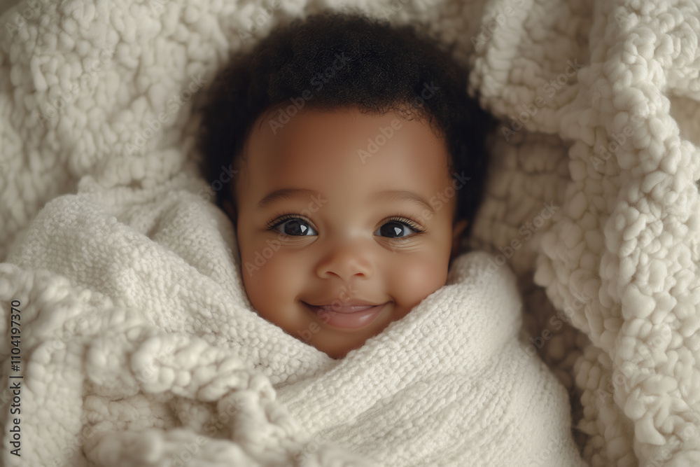 An Afro-American baby swaddled in a white blanket, with only their cute face peeking out, smiling gently An Afro-American baby swaddled in a white blanket, with only their cute face peeking out, smiling gently